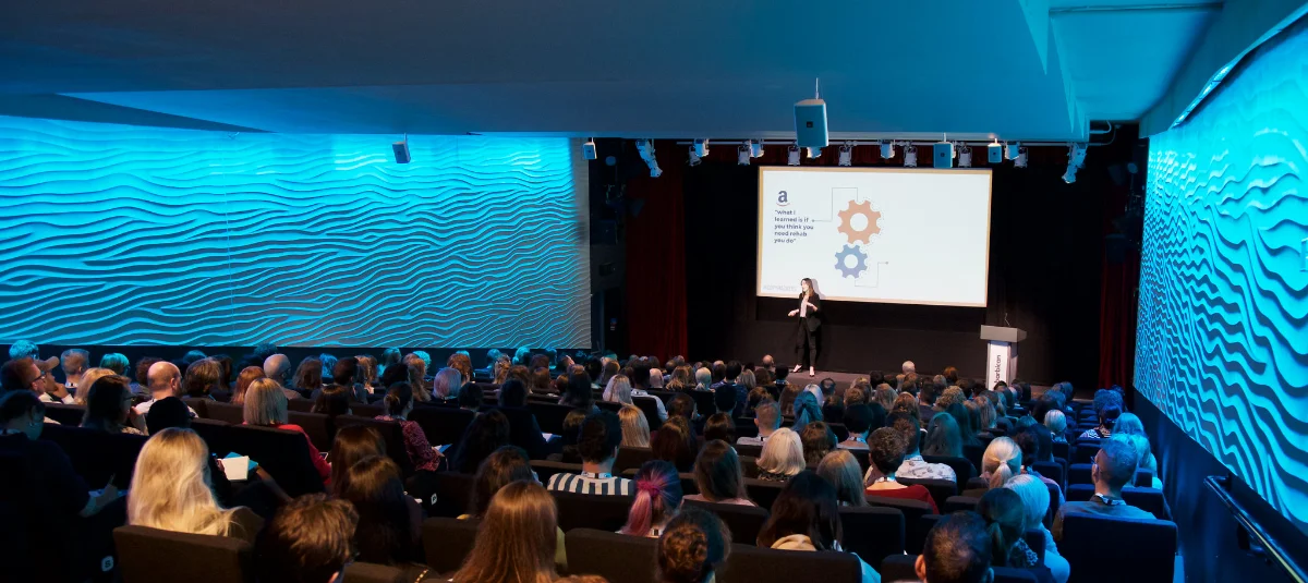 Joanna Wiebe on stage at the Barbican